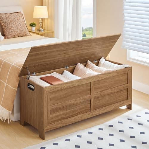 MAHANCRIS Storage Chest, 47.2” Large Toy Chest, Entryway Storage Trunk, Storage Bench with Safety Hinge, Entrance Bench for Living Room, Entrance, Bedroom, Honey Brown SCOR48901 8