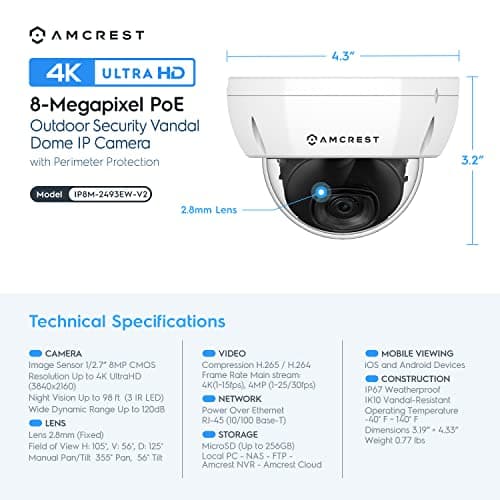 Amcrest 4K 8CH Security Camera System w/ 4K (8MP) NVR, (4) x 8-Megapixel IP67 Weatherproof Metal Dome POE IP Cameras (3840x2160),Pre-Installed 2TB Hard Drive, NV4108E-HS-IP8M-2493EW4-2TB (White) 8
