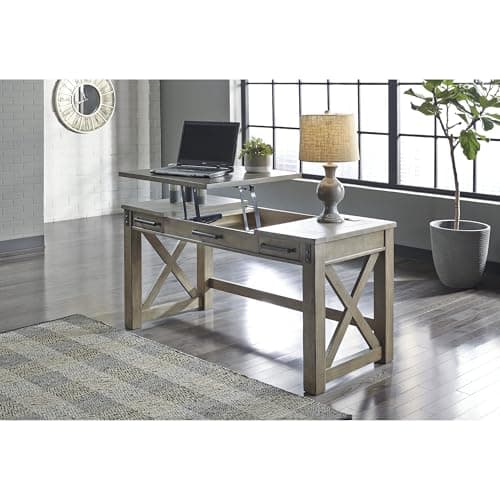 Signature Design by Ashley Aldwin Rustic Farmhouse 60" Home Office Lift Top Desk with Charging Ports, Distressed Gray 7