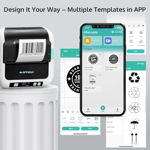 OFFNOVA Label Maker, 3-Inch Barcode Label Printer, Bluetooth Thermal Label Printer for Address, Shipping, Product Tags, Home, School & Office, Sticker Printer for Phones & PC with 1 Tape 5