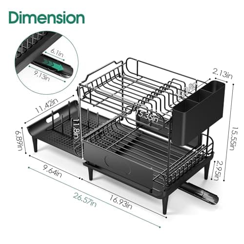 Urackify Dish Drying Rack for Kitchen Counter, Expandable 2 Tier Dish Rack, Large Capacity Dish Drainer with Drainboard Multifunctional Dish Strainer with Removable Cutlery Holder Black 7