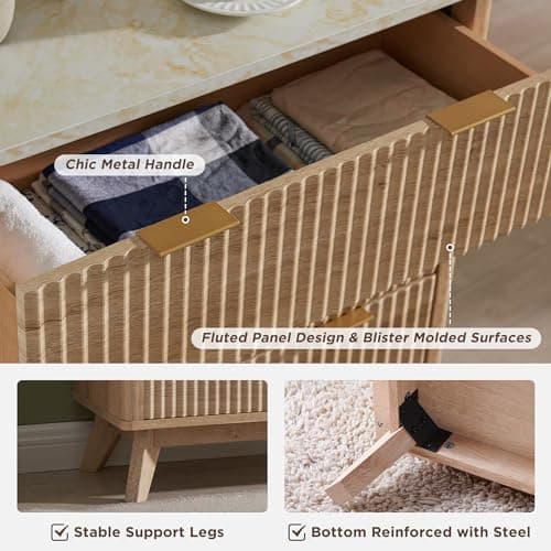 T4TREAM Fluted 6 Drawers Dresser, 54" Wide Modern Chest of Drawers with Faux Marble Top, Curved Profile Design, Dresser TV Stand, Wood Drawer Organizer for Bedroom, Living Room, Hallway, Natural Oak 6