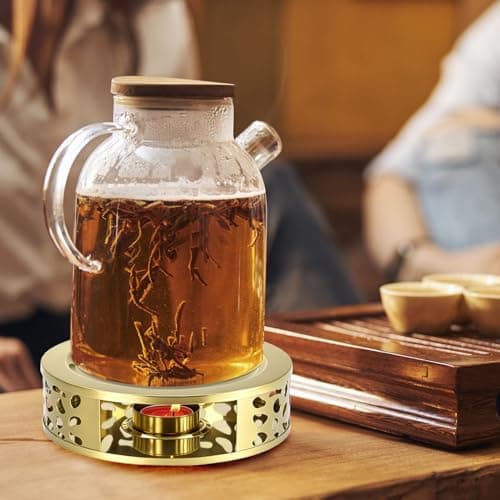 QWORK Tea Kettle Warmer, Brushed Stainless Steel Tea Kettle, Hollow Frame, with Tea Candle Holder, Fits Most Teapots, Gold 7