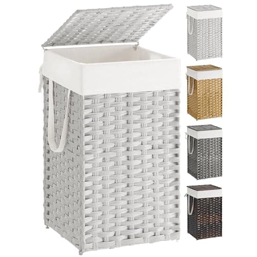 SONGMICS Laundry Hamper with Lid, 17.2 Gallon (65 L) Synthetic Rattan Clothes Laundry Basket with Lid and Handles, Foldable, Removable Liner, Cloud White ULCB165W01
