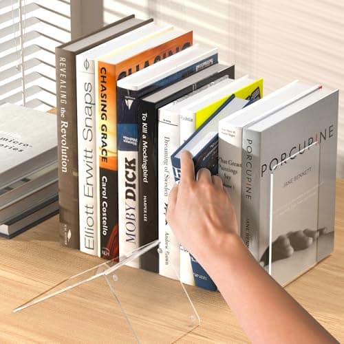 Acrylic Bookends 4 Pcs, Clear Book Ends for Shelves, Transparent Bookend Organizer, Book Holder Stand Decorative, Book Stoppers for Heavy Duty Books, CD, File, Video Games 5