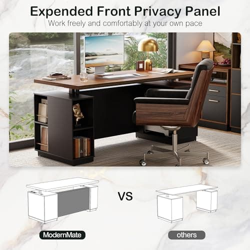 ModernMate 71" Standing Executive Desk with Privacy Panel, Large One-Piece Electric Height Adjustable Stand Up Desk with Charging Station, File Cabinet Storage, Home and Office, Black Walnut 7