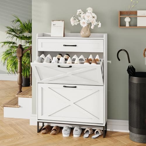 Maupvit Shoe Storage Cabinet with 2 Flip Drawers & Large Drawer, Hidden Slim Narrow Shoe Rack with Metal Legs, Shoe Cabinet for Entryway, Freestanding Shoe Organizer Cabinet for Foyer, Hallway, White