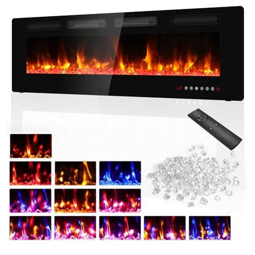 BREEZEHEAT 60 Inch Electric Fireplace Ultra Thin-Freestanding or Recessed Wall Mounted Fireplace Heater, Remote Control, Touch Screen, 750W/1500W, 8H Timer for Living Room, Bedroom, Office