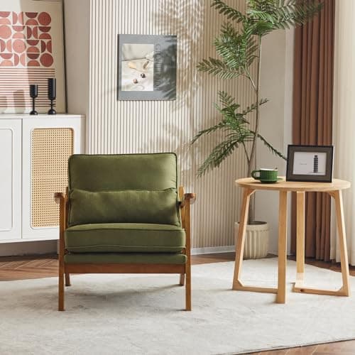 Karl home Accent Chair Wide Armrest Mid-Century Lounge Chair Linen Fabric Armchair with Lumbar Pillow & Solid Wood Frame for Living Room, Bedroom, Balcony, Green 5