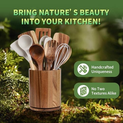 gorsent Wooden Utensil Holder, 360°Rotating 7.3'' Large Utensil Holder for Kitchen Counter, Kitchen Utensil Organizer, Utensil Crock, Farmhouse Kitchens Countertop Decor, Acacia Wood 8