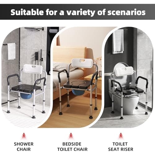 Heavy Duty Bedside Commode Chair with Adjustable Height, Raised Toilet Seat with Arms Handles and Back Support for Elderly, Portable Bedside Toilet with Bucket（Width 19.69") 7