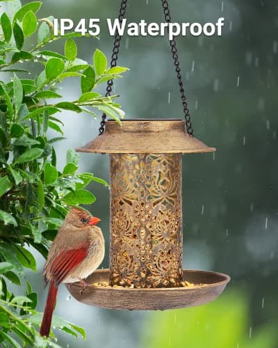 SWEETFULL Solar Bird Feeder for Outdoors Hanging, Metal Wild Bird Feeder for Cardinals Solar Garden Lantern with S Hook as Gift for Bird Lovers (2LBs Heavy Duty birdfeeders) 6