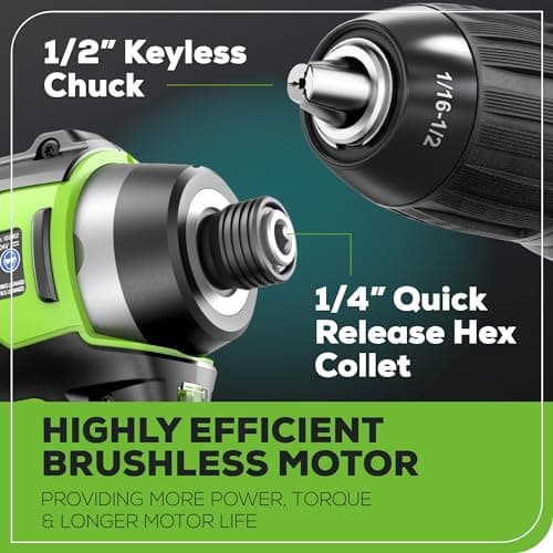 Greenworks 24V Brushless Cordless Drill Impact Driver Combo kit, 1/2”Drill & 1/4”Hex Impact Driver Power Tool Kit, Included 2 Batteries, 1 Charger, 8 pcs Bit Set & Bag, Green 5