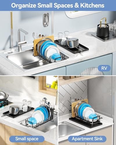 LIONONLY Small Dish Drying Rack in Sink, Expandable Dish Drainer Over Sink with Silicone Drying Tray, Compact Dish Rack for Kitchen Counter with Utensil Holder, Drying Rack Organize Small Space, Black 7