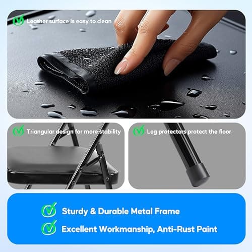 Simple Deluxe 4 Pack Folding Chairs with Leather Padded Cushion Seats & Durable Metal Frame, Comfortable, Foldable, Portable, Commercial Event Seat, Indoor Outdoor for Parties, Home, Office, Black 5