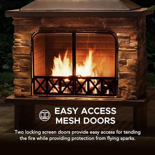 Sunjoy Outdoor Fireplace, Heavy Duty Patio Wood Burning Fireplace with Steel Chimney, Mesh Spark Screen Doors, Removable Grate and Fire Poker, Black 6