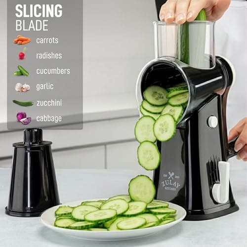 Zulay Kitchen Rotary Cheese Grater 5 Blade Cheese Shredder - Manual Hand Crank Cheese Grater With Reinforced Suction & 5 Interchangeable Drums - Easy to Use, Vegetable Chopper Round Mandoline Slicer 5
