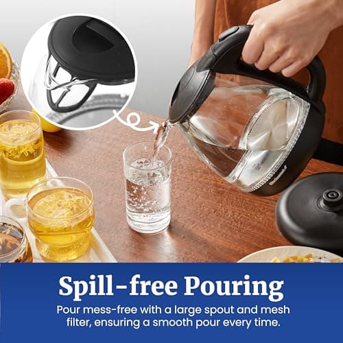 Elite Gourmet EKT1001 Electric 1.0L BPA-Free 1100W Glass Kettle Cordless 360° Base, Stylish Blue LED Interior, Handy Auto Shut-Off Function – Quickly Boil Water For Tea & More, Black 7