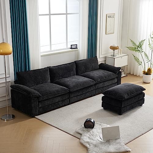 Karl home Sectional Sofa Modular Deep Seat Sofa Couch with Ottoman, Chenille Sofa Sleeper Comfy Upholstered Furniture for Living Room, Apartment, Studio, Office, (3-Seat & 1-Ottoman, Black) 6