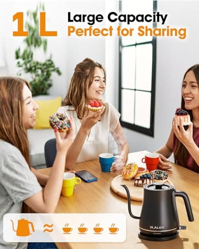 Ulalov Electric Kettle 1L Gooseneck Water Kettle Quick Heating for Pour Over Coffee & Tea, Stainless Steel Hot Water Boiler with Auto Shut-Off, Boil Dry Protection, Matte Black,1200W 6