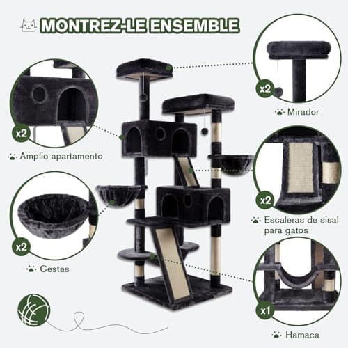 MUTICOR 66 Inches Multi-Level Large Cat Tree Tower for Indoor Big Feline/Cozy Plush Perches/Condo/Sisal Scratching Posts/Hammock and Baskets/Activity Center Play House/Wide Base/Dark Grey 6