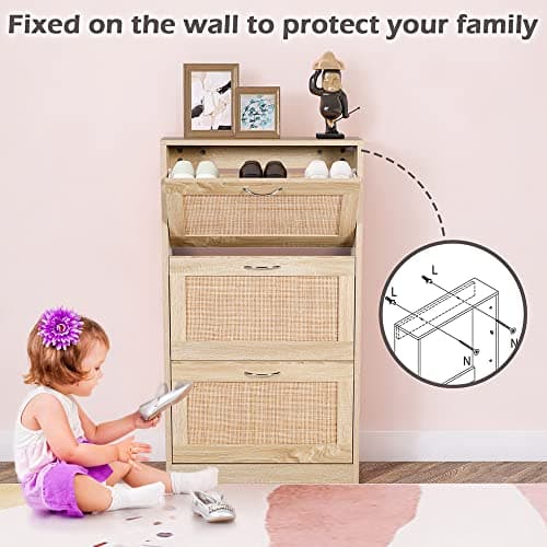 HOPUBUY Rattan Shoe Cabinet for Entryway, Narrow Shoe Storage Cabinet, Hidden Shoe Cabinet Wood 3 Tier Slim Shoe Rack for Home and Apartment, Nature 5