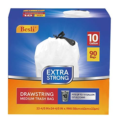 Besli 10 Gallon Drawstring Trash Bag Garbage Bag Trash Can Liner,0.9 Mil,90 Counts