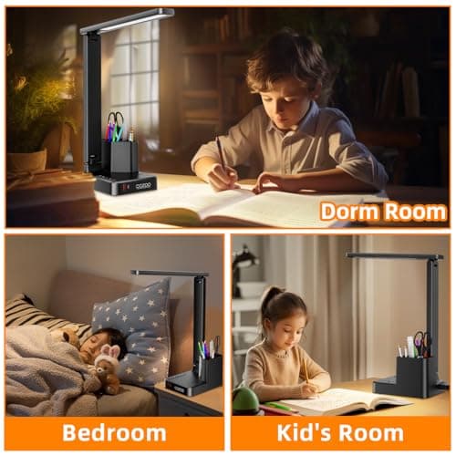 cozoo LED Desk Lamps for Home Office, Modern Dimmable Eye Caring Desk Light with USB Charging Ports AC Outlet, Pen Holder,Touch/Memory/Timer, Kids Small Table Lamp for Reading, Bedroom, Study, Craft 8