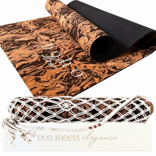 Boho Flow Deluxe Coffee Cork Yoga Mat XL | Caffè Core Limited Edition – Extra Large 72" x 26" and Eco-Friendly | Revolutionary Design with Natural Rubber Backing | 5mm Thick Cushion | Stylish Handmade Macramé Bag