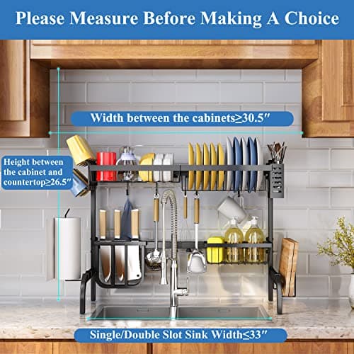 SAYZH Over The Sink Dish Drying Rack, Adjustable (25.5 to 33.5 inch) 2 Tier Metal Steel Dish Drying Racks for Kitchen Counter with Hooks Paper Towel Utensil Cup Holder Sink Caddy (Black) 8