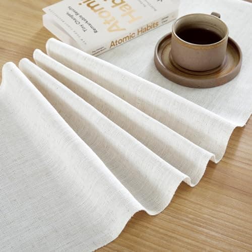 Aoztio Linen Style Rustic Table Runner, Farmhouse Cotton Linen Table Runner, Boho Table Runners 72 Inches Long with Hand Tassels for Home Tabletop Decor and Everyday Use - Off White, 72 Inch 5