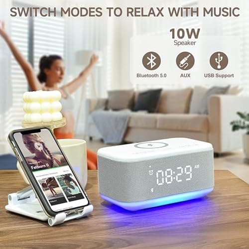 Alarm Clock Speaker Wireless Charger, Digital Alarm Clocks Bedrooms Bluetooth, Alarm Clock Dimmable Light Bedrooms Dual Alarm Snooze Dimmer 12 24H RGB Night Light Bluetooth USB AUX, Gray 6