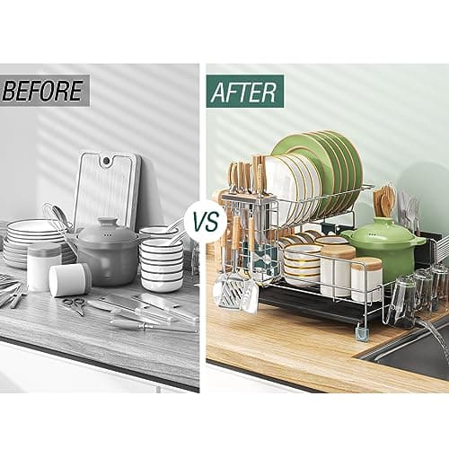 slhsy Dish Drying Rack - Large Capacity Stainless Steel Dish Rack for Kitchen Counter, 2-Tier Detachable Kitchen Organizers and Storage Rack with Drainboard and Cutlery Holder, Silver 6