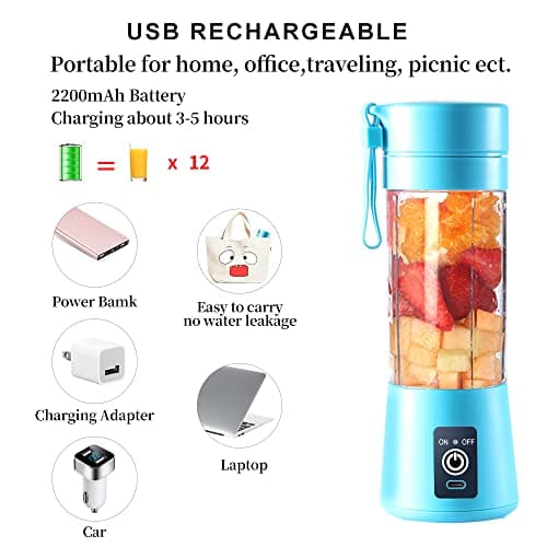 Portable Electric USB Juicer Blender Cup - Mini Blender for Shakes, Smoothies & Juice - 380ml, Six Blades - Blue 6