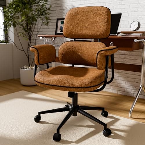 Fabric Office Chair with Granular Linen, Mid Back Vintage Desk Chair with Wheels and Wide Arms, Mid Century Modern Home Office Desk Chairs with Memory Foam Seat Cushion, Adjustable Height, Brown