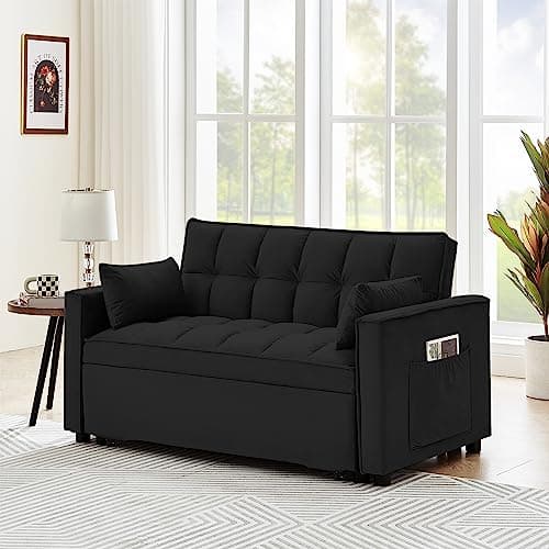 Tmsan 55.2" Loveseat Pull Out Couch, 3 in 1 Velvet Convertible Sleeper Sofa Bed for Living Room, Small Love Seat Futon Sofa Bed with Reclining Backrest, Toss Pillows, Side Pockets for Small Spaces 8