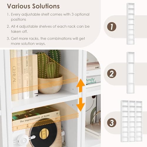 FOTOSOK White Bookshelf 8-Tier Media Tower Rack, 11.6 X 9.3 X 70.9 Inches CD DVD Slim Storage Cabinet with Adjustable Shelves, Tall Narrow Bookcase Display Bookshelf for Home Office, White 7