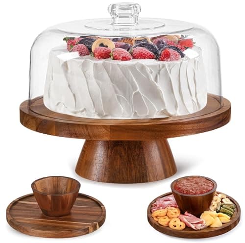 Farmyards Acacia Wood Cake Stand with Acrylic Dome Lid - 12in Acacia Wood 2-in-1 Footed Round Cake Holder, Cake Plate Display with Cover for Baking Gifts, Large Dessert Table Display Set & Charcuterie Board for Parties