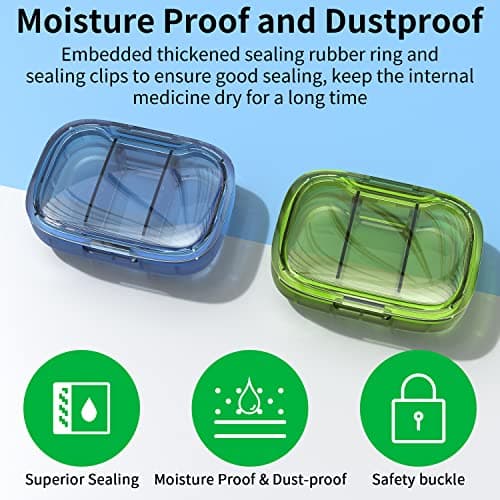 2 Pack 3 Compartment Small Pill Box, Moisture Proof Case, Travel Organizer for Pocket Purse, Daily Portable Medicine Vitamin Container, Fish Oil and Supplement Storage 6