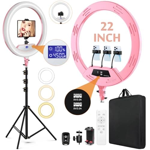 22"Ring Light with Stand,Ring Light Tripod for iPhone ipad,with 75"Tripod/LCD Display/4 ipad iPhone Clips/2 USB Ports,2600K-6500K Color Temperature,for Barber Makeup Tattoo TikTok Video Recording Vlog