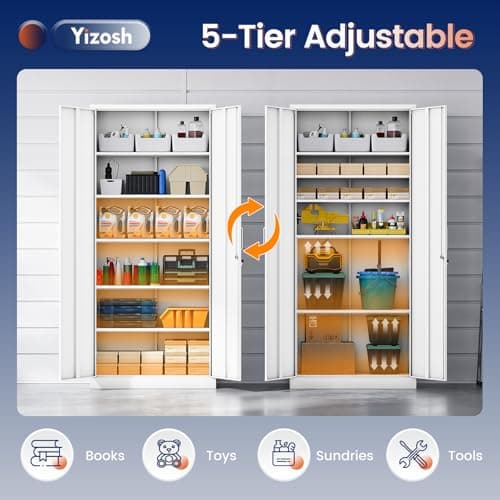 Yizosh Metal Garage Storage Cabinet with 2 Doors and 5 Adjustable Shelves - 71" Steel Lockable File Cabinet,Locking Tool Cabinets for Office,Home,Garage,Gym,School (White) 7