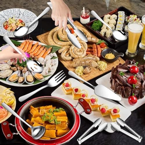 Gisly 12-Piece Serving Set - Large Spoons, Forks, Tongs, Ladle, Cake Server & Appetizer Tongs for Buffet Catering, Dishwasher Safe 7