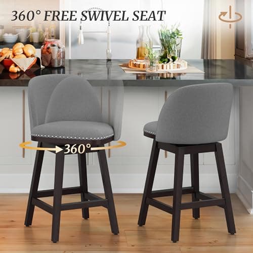Cozyman Swivel bar stools Set of 3, 26" Performance Fabric Upholstered Counter Height Bar Stools with Back, Solid Wood Legs with footrest, Retro Nailhead Trim Barstools for Kitchen Island, Grey 3