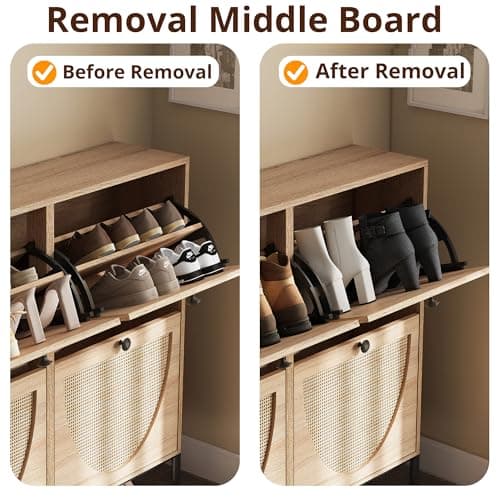 IRONCK Rattan Shoe Cabinet Storage with 4 Flip Drawers, Freestanding Shoe Storage Organizer Cabinet for Entryway, Narrow Shoe Rack Cabinet, Oak 6