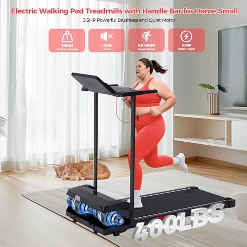 Electric Walking Pad with Handle Bar, 0.6-10MPH Portable Walkingp Pads Treadmills with Handles for Home Apartment Small, 3.5HP Foldable Folding Compact Treadmill for Small Spaces, LED Display, 400LBS 4
