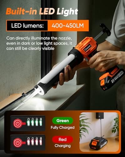 Saker Electric Caulking Gun Cordless Caulk Gun Drip-free with Caulking Tools 4 Adjustable Speeds with LED Light 10oz/300ml for Kitchen Bathroom Filling, Sealing 2 Batteries 8