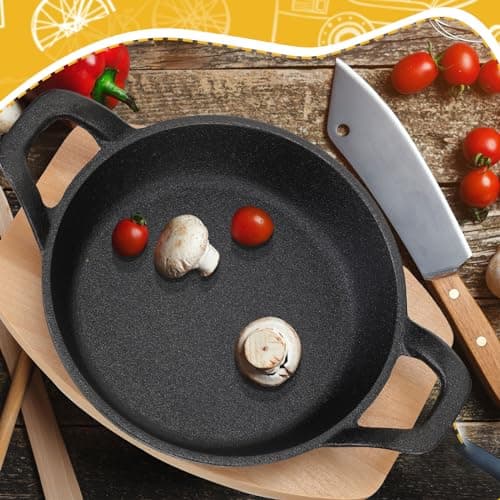 FoldTier 2 Set Mini Cast Iron Skillet Small Cast Iron Plates Skillet with Wooden Base Small Round Pan Heavy Duty Fajita Plate Pot for Baking Cooking for Kitchen Restaurant Barbecue(6.3 Inches) 7