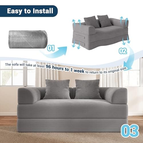Cloud Boneless Convertible Floor Sofa Bed, 70" 4-in-1 Foldable Compressed Loveseat Lounge Sleeper 2 Seater Couches, High-Density Sponge & Corduroy Fabric Futon Daybed for Living Room Bedroom(Gray) 8