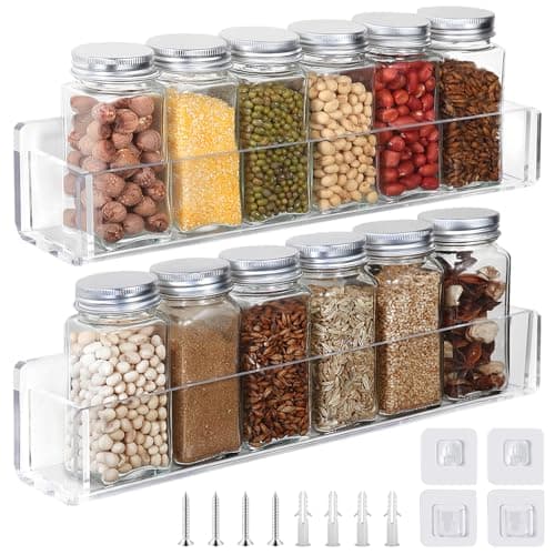 Acrylic Spice Rack Attached to the Wall for Kitchen Cabinet Doors or Hanging spice rack, RV spice rack, Hook & Loop, Bid Farewell to Dislodging Wall Mounted Acrylic Removable Rack (2 Pieces - Clear)