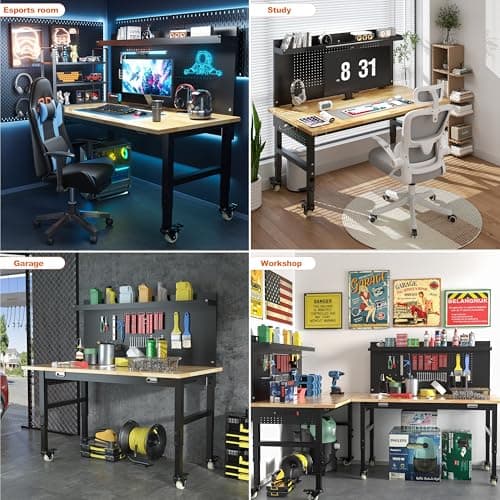 Betterhood 48" Heavy Duty Adjustable Workbench with Large Pegboard, Adjustable Work Table with Power Outlets & Lockable Wheels, Rubber Wood Workstation for Garage, Workshop, Office, Home, Commercial 7